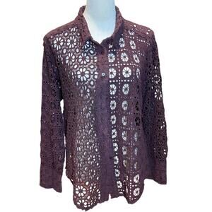 Free People ONE Yesenia Shacket Sz M Plum Purple Crochet Eyelet Long Sleeve Boho